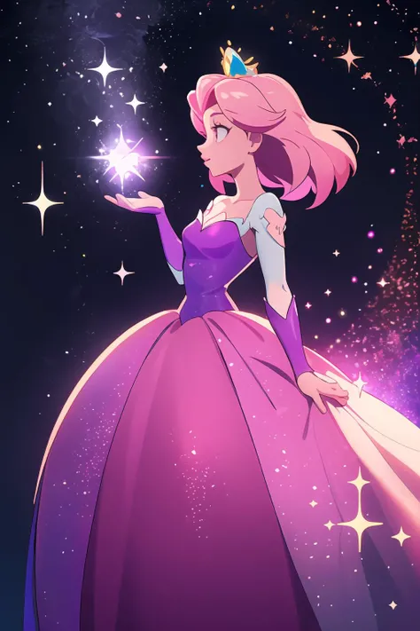 best quality, dark, cinematic film still, 8k, masterpiece, best quality, disney cartoon, beautiful disney princess wearing a magical sparkling dress, glowing purple and pink sparkles