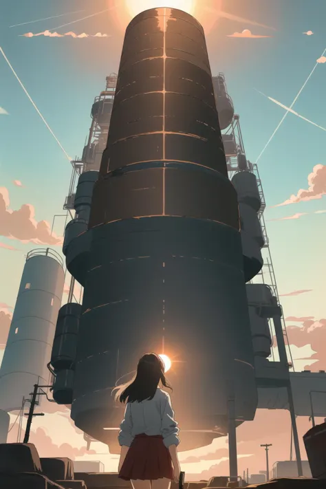 ((masterpiece)), 1girl, 17yo soviet pioneer girl, from behind, looking around, white shirt, red tie, skirt
summer, sun, sci-fi, (giantic:1.2) industrial machines, post apocalyptic, sci-fi