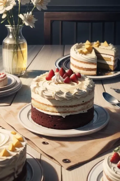 there are many cakes on the table with flowers in the vase