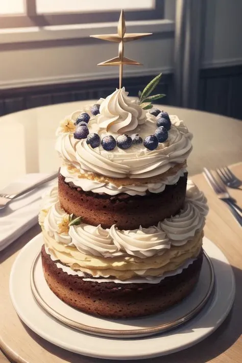 there is a cake with white frosting and blueberries on top