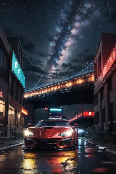 a red sports car driving down a street under a bridge