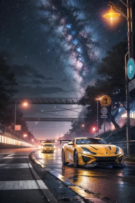 a yellow sports car driving down a street at night