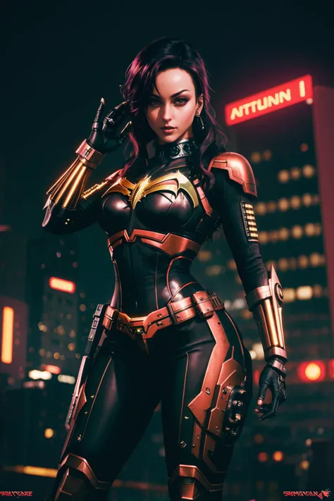 <lora:quiron_SimonneStyle_v1_lora:0.88> <lora:quiron_Jaspion_v1_Lora:0.47>, (realistic), cyberpunk style,  cinematic photo, SimonneStyleQuiron Woman, Simonne Style as cyberpunk JaspionQuiron character wearing (batgirl) armor with (metallic details) with ru...