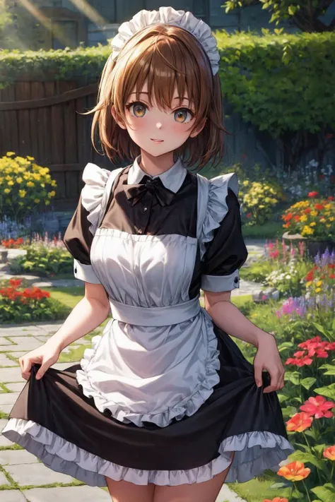 anime maid in a garden with flowers and a fence