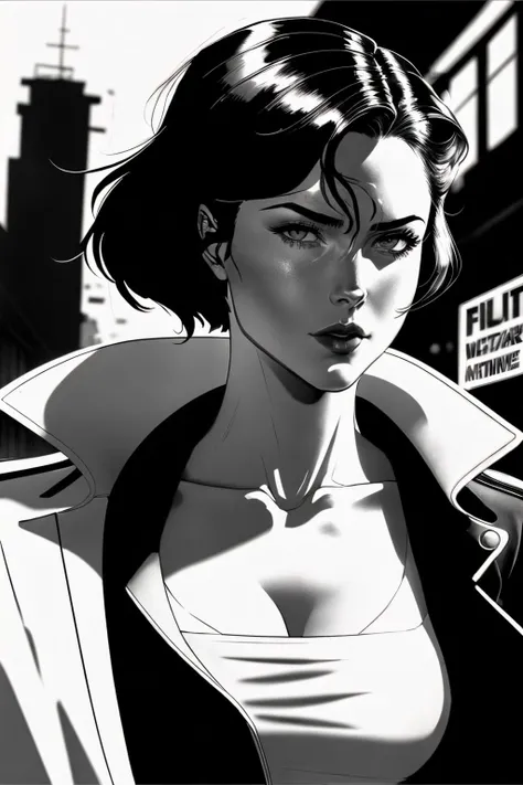 Black and white comic of m3w1nst34d as a femme fatale in a film noir, lurking in the shadows of a desolate alleyway