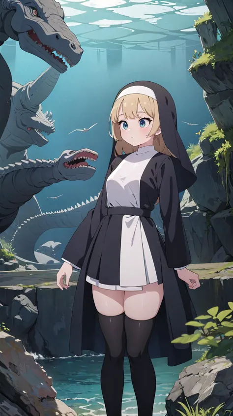 (anime, masterpiece, best quality:1.3), ancient marine dinosaurs hunting for food in the depths of a prehistoric ocean, nun habit,beautiful preteen girl,thighhighs