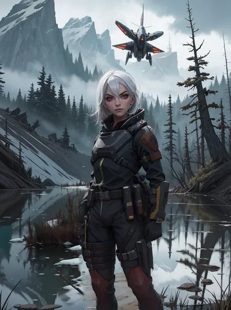 a woman in a futuristic outfit standing in front of a lake