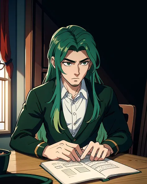 anime character sitting at a table with a book and a cup of coffee