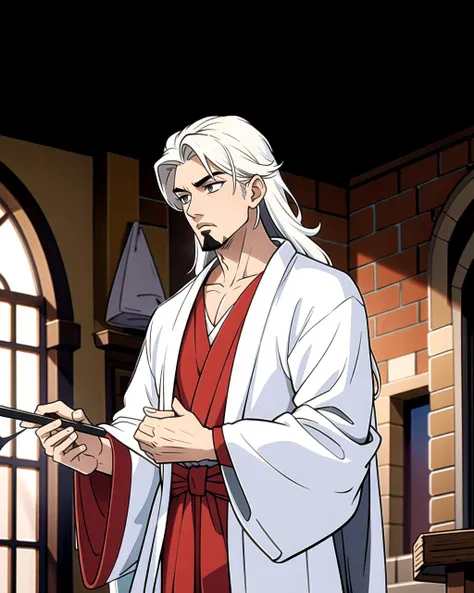 anime character in a white robe holding a cell phone