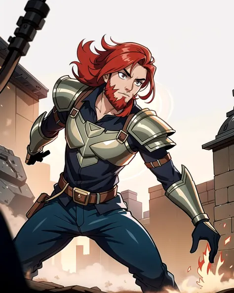 a cartoon of a woman with red hair and armor on