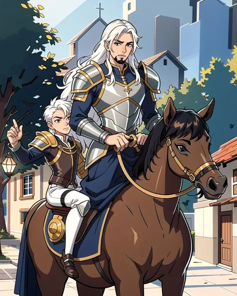 ((masterpiece), best quality, high quality, professional quality, highly detailed, highres, perfect lighting, natural lighting), (1boy, slender, handsome, goatee, long hair, white hair), wearing armor, riding a horse, in a fantasy town