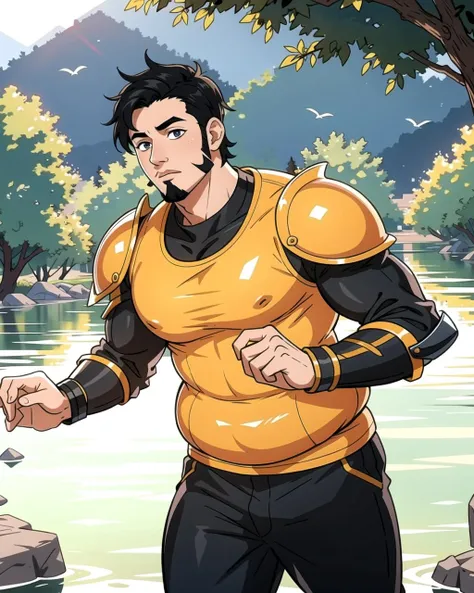 ((masterpiece), best quality, high quality, professional quality, highly detailed, highres, perfect lighting, natural lighting), (1boy, overweight, handsome, goatee, short hair, black hair), wearing armor, running, by a lake