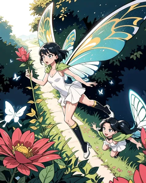((masterpiece), best quality, high quality, professional quality, highly detailed, highres, perfect lighting, natural lighting), group of fairies, butterfly wings, translucent wings, flying, magical garden