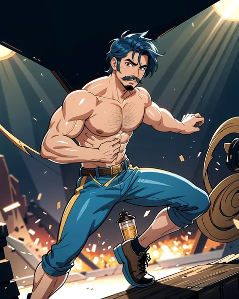 ((masterpiece), best quality, high quality, professional quality, highly detailed, highres, perfect lighting, natural lighting), (1boy, muscular, handsome, mustache, short hair, blue hair), wearing fantasy clothing, fighting, in a fantasy town