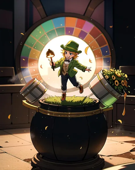 ((masterpiece), best quality, high quality, professional quality, highly detailed, highres, perfect lighting, natural lighting), leprechaun, hopping, on rainbow, holding pot of gold