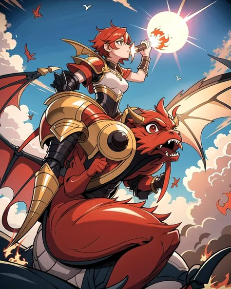((masterpiece), best quality, high quality, professional quality, highly detailed, highres, perfect lighting, natural lighting), red dragon, (1girl, wearing armor, sitting on dragon, dragon rider, holding weapon), flying, flames, magic, clouds, sun in back...