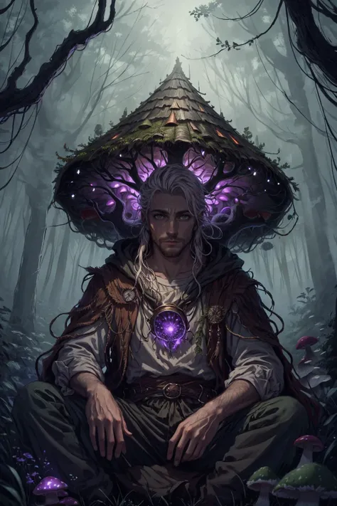 a man with a hat sitting in the woods with purple flowers