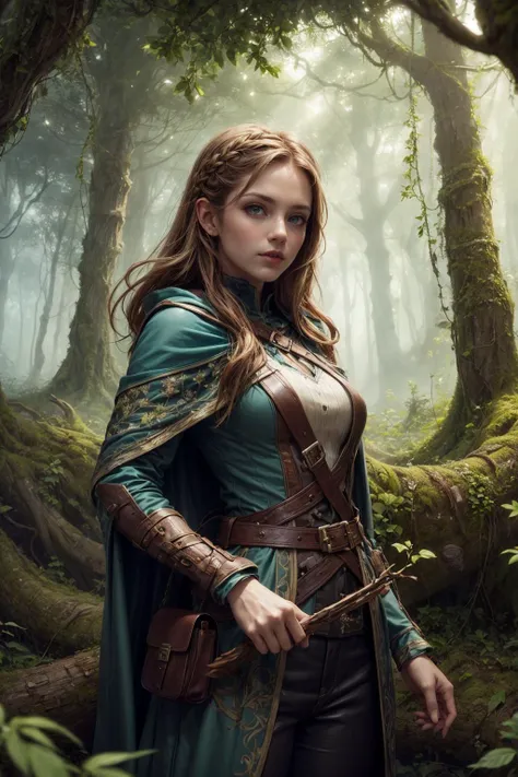 a woman in a green dress and brown cape standing in a forest