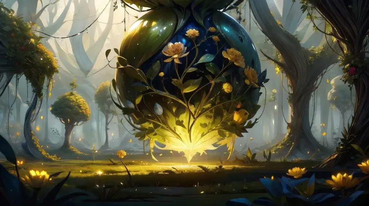 there is a blue vase with flowers in it in the middle of a forest