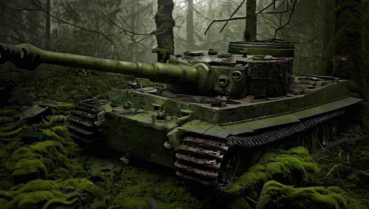 close-up of an abandoned old tiger tank in the forest, 35mm lens, from above, covered by a thick layer of moss, rusty, flat tires, broken glass and headlights, wet, moist, warm light shining through the trees, godrays, atmospheric, misty, foggy, creepy, th...