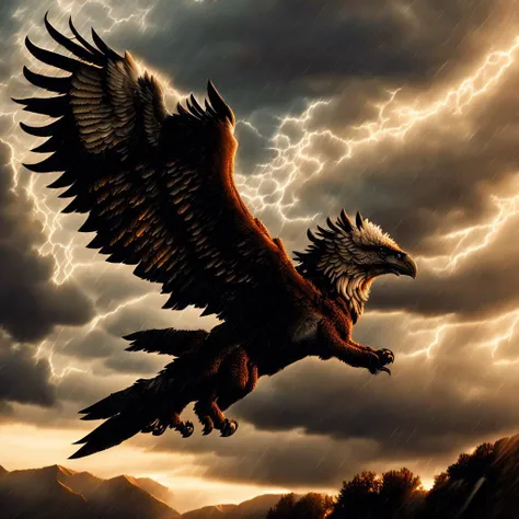 <hypernet:GrimForge:1> A griffin soaring through a stormy sky at sunset, its powerful wings buffeted by the howling winds