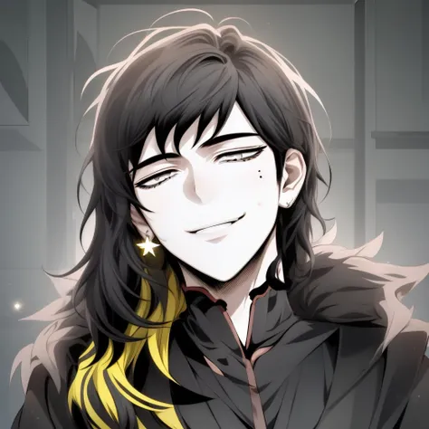 anime girl with long black hair and yellow earrings smiling