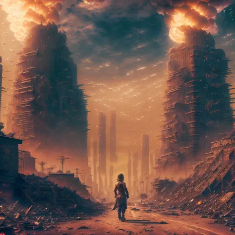 a man standing in a ruined city with a burning sky