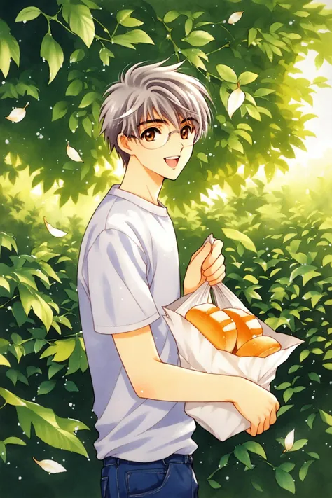 anime boy with a bag of bread in his hand