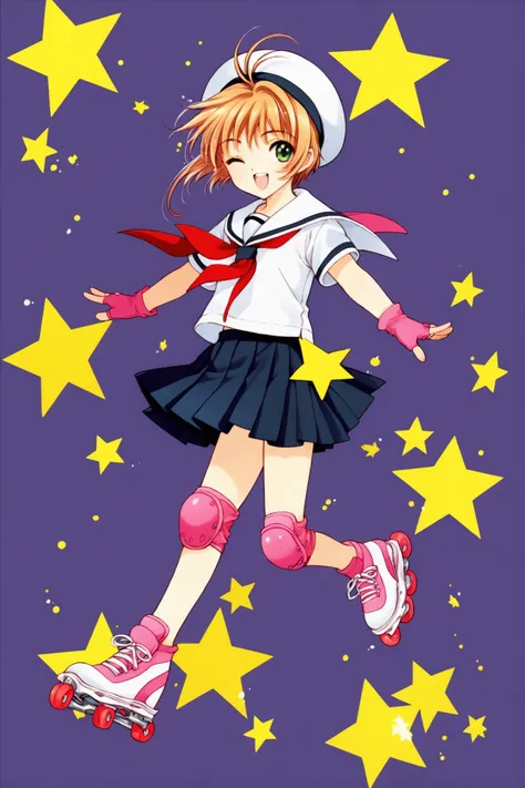 a close up of a person on a skateboard with stars in the background