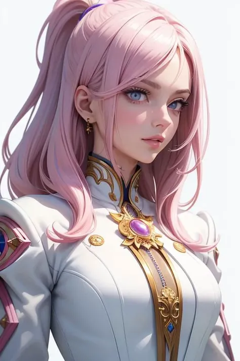 (masterpiece, best quality), intricate details, thin, ((slim)), beautiful girl, Light pink hair, white skin, light purple eyes, sharp jawline, cropped jacket, messy hair, lips, upper body, smirk