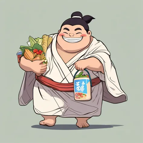 a happy sumo wrestler, wearing a kimono robe, carrying a plastic container of groceries, grocery store, anime animation