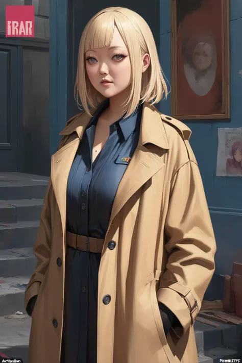 masterpiece, best quality, ((pom klementieff)), realistically detailed, artstation, flat chest, woman, anime, trenchcoat, (plump:0.5), pretty face