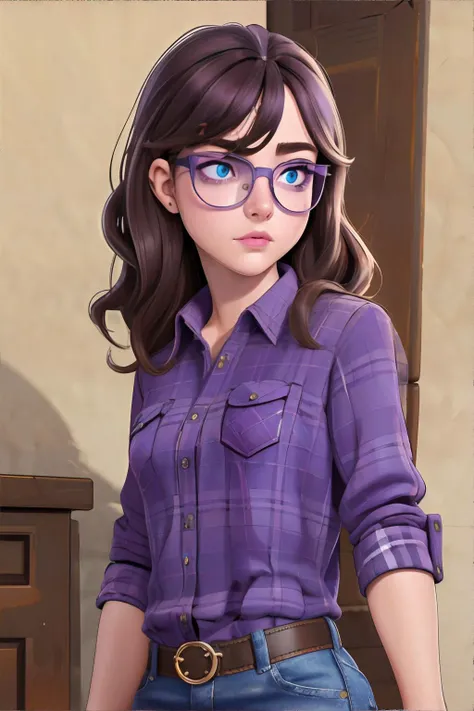 a woman in glasses and a purple shirt stands in front of a dresser