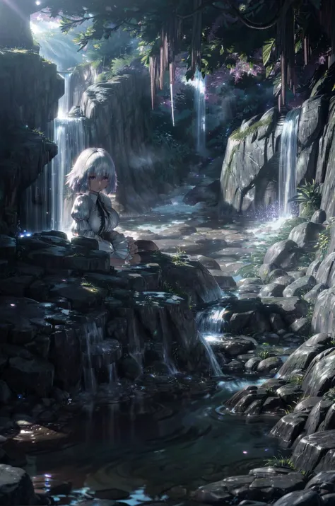 (volumetric lighting, Highres), (Detailed Illustration), Ultra-Detailed, 8k, nsfw, <lora:DOAChristie:0.9> DOAChristie, 1girl, short hair, white hair, purple eyes, highly detailed background, hidden mountain waterfall, morning, secluded and refreshing with ...