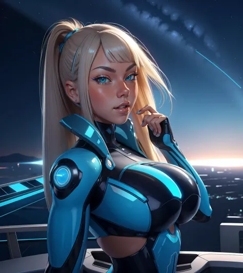 AnjelikaV2, 1girl, platinum blonde hair, medium hair, bangs,  aqua eyes, dynamic pose, variations, 
 solarpunk, retrofuturism, scenery,  night, night sky, 
masterpiece, best quality,  <lora:muscle_slider_v1:1.5> <lora:age_slider_v6:-1>  <lora:backlight_sli...