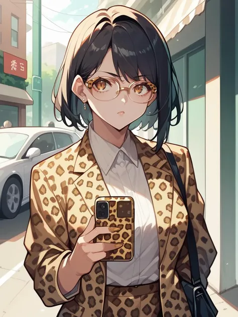 anime girl in leopard print jacket holding a cell phone