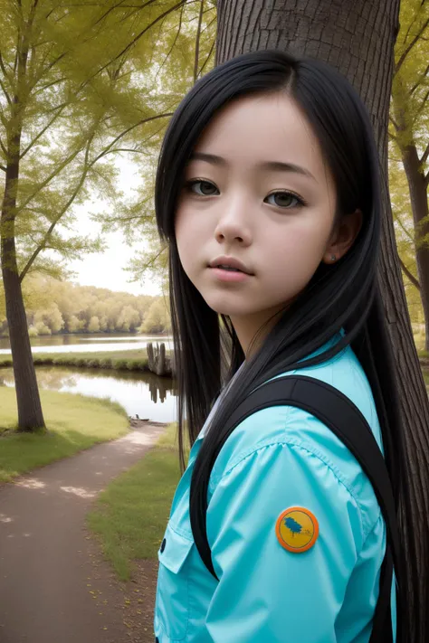 there is a young girl standing next to a tree in a park