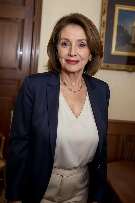 a woman in a suit and necklace standing in a room