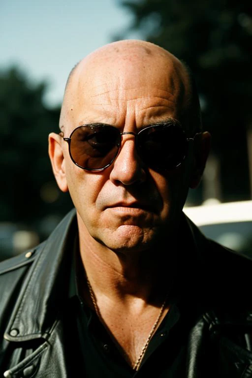 arafed man in a leather jacket and sunglasses standing in front of a car