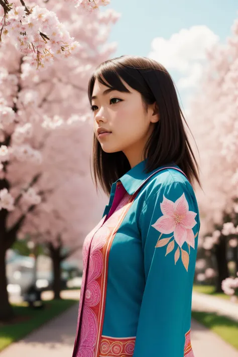 a close up of a woman standing in front of a tree with pink flowers