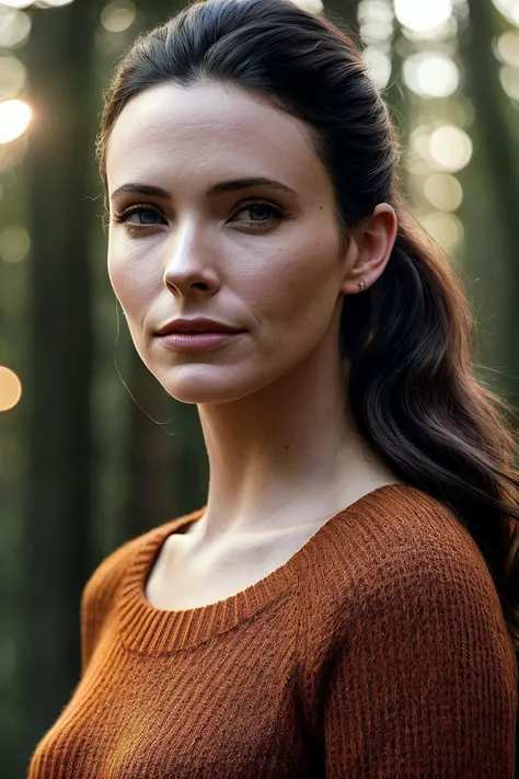 perfect cinematic shoot of a beautiful woman (EP3l1z4b3thTull0ch:.99), a woman standing at a forest edge, perfect high ponytail, wearing sexy orange (sweater), (eclipse in background:1.2), (detailed background:1.1), (face focus), modelshoot style, (extreme...