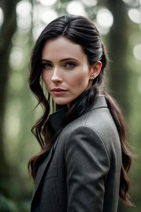 perfect cinematic shoot of a beautiful woman (EP3l1z4b3thTull0ch:.99), a woman standing at a forest edge, perfect high ponytail, wearing sexy gray (coat), (meteor showers in background:1.2), (detailed background:1.1), (face focus), modelshoot style, (extre...