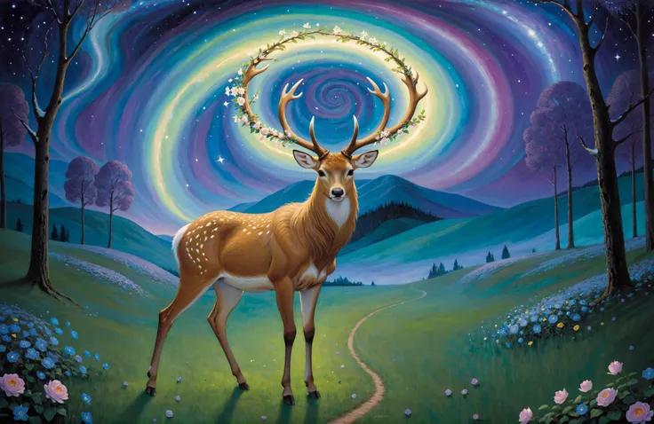 painting of a deer with a ring of lights in its antlers