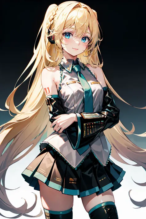 <lora:MikuOutfit-14:1> miku outfit, sleeveless shirt, grey shirt, detached sleeves, necktie, arm tattoo, skirt, thighhighs, thigh boots,, ultra detailed, masterpiece, best quality, aesthetic, detailed,, solo, soft smile, light smile,
1girl, blue eyes, very...