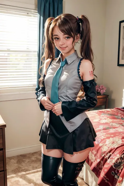 <lora:Erica:.8>, long brown hair, twintail, miku outfit, sleeveless shirt, grey shirt, detached sleeves, blue necktie, arm tattoo, black skirt, thighhighs, thigh boots, looking at viewer, smiling, embarrassed, blush, standing, cute pose, inside a girls bed...