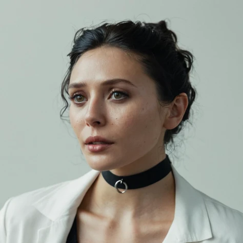 mabeer, (Skin texture, pores, blemishes), Super high res portrait photo of a  woman with loose black wavy hair wearing a thin black ring choker wearing no makeup,f /2.8, Canon, 85mm,cinematic, high quality, skin texture, looking at the camera, skin imperfe...