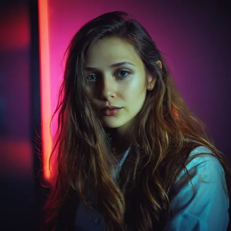 mabeer, woman with long wavy hair,portrait,kodachrome, neon,  cyberpunk,    <lora:eliolsen2_xl_3_standard_merger_36_41_72_03_03_04:1>