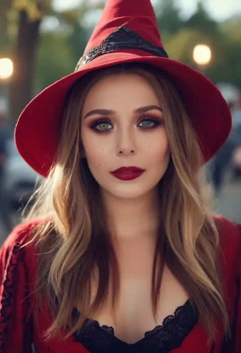 professional photography,beautiful woman is at an outdoor halloween party,wearing a red witch's costume,eye shadow,red lipstick,...