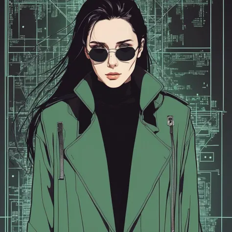 ((90s Anime style illustrattion)) drawing of a face of woman wearing a long matrix coat,2D, elixolsen, <lora:eliolsen_juggerX_v7_standard_wocap_merger_27_74_98_02_03_05-elixolsen:1>
