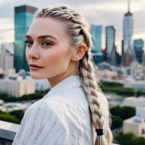 (Skin Texture, pores, natural,iPhone,RAW)), natural lighting, Highest Quality (closeup) Portrait photo of a woman with long braided platinum blonde hair, Nikon Z9, realistic matte skin, blurry city in the background, 8K, ((looking straight at the camera)...